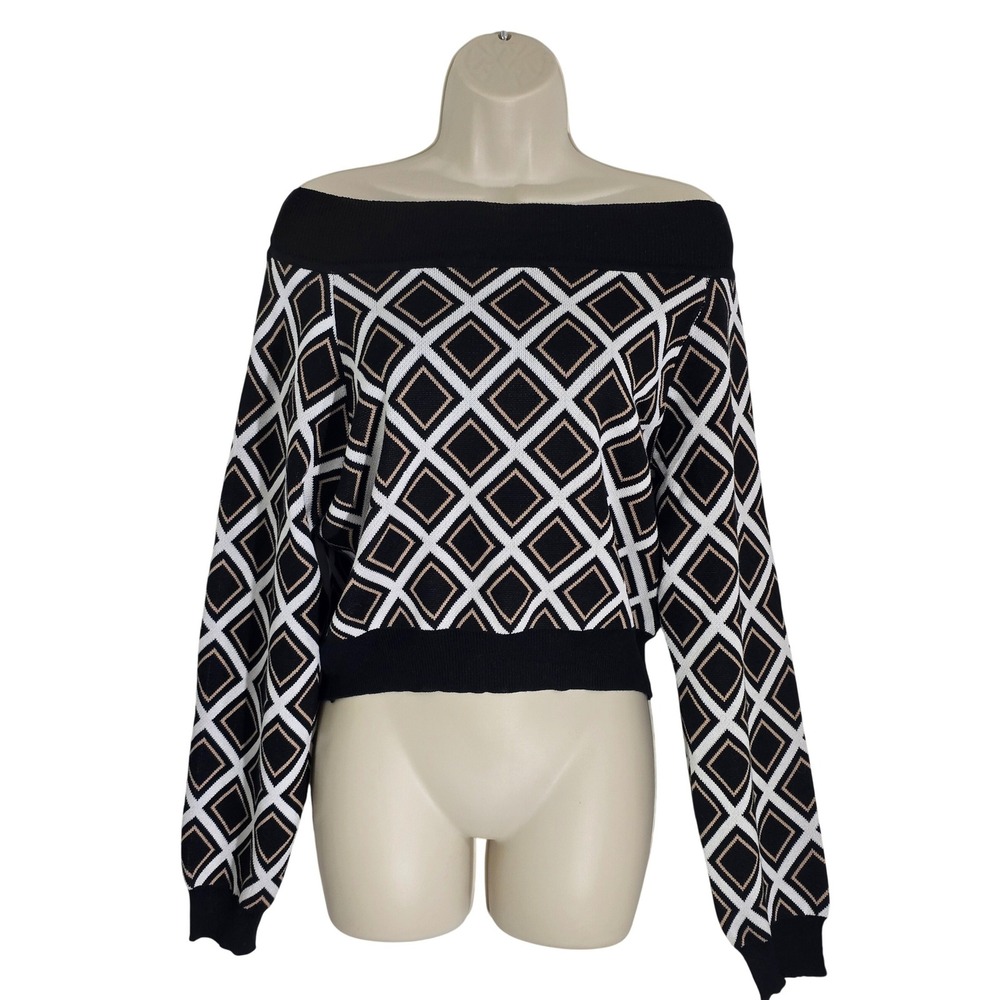 THE SANG Off‎ Shoulder Diamond Print Sweater Black Taupe Womens 1X